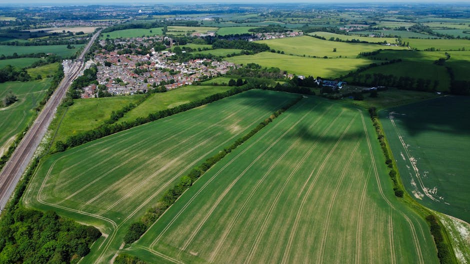 An aerial view of a rural landscape featuring large, well-maintained green fields with visible mowing lines, bordered by neatly trimmed hedges and narrow dirt paths. In the background, there is a smal